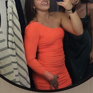 Deb Vintage Homecoming/Prom Dress, one shoulder Neon Pink, Rhindstone, size S